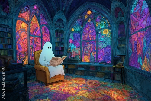 Cartoon ghost enjoys reading in a colorful fantasy room filled with vibrant stained glass windows and enchanting details Generative AI