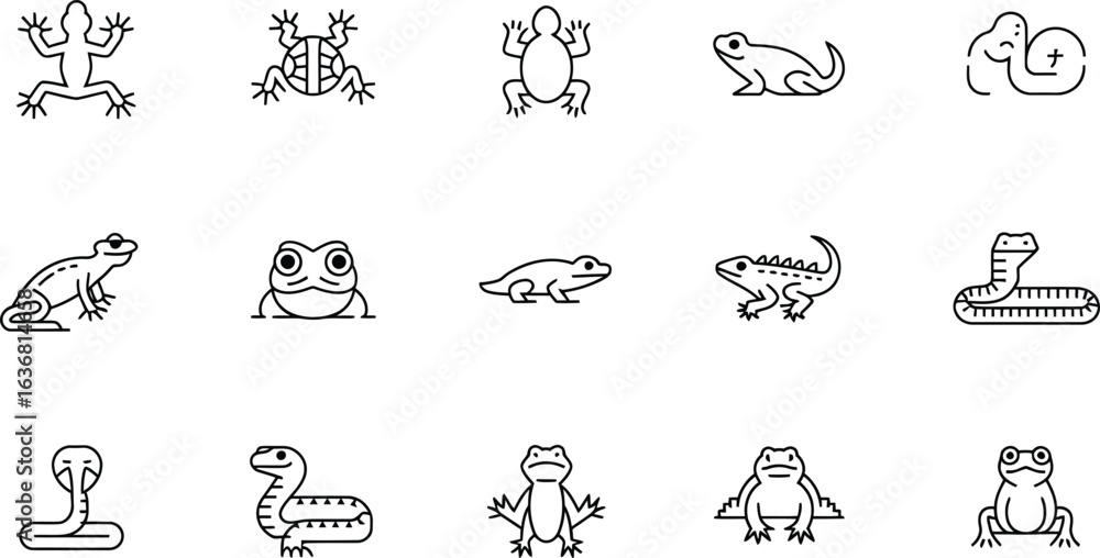 Fototapeta premium Collection of simple hand drawn reptile and amphibian icons