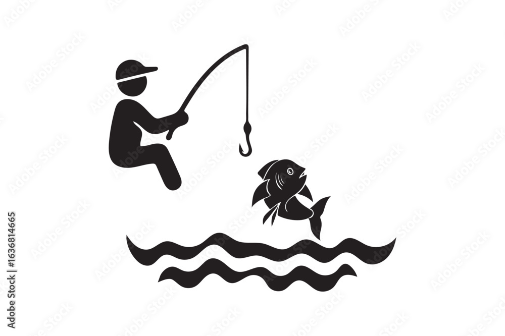 Fototapeta premium Fishing with fishhook hobbie icon silhouette on white background.