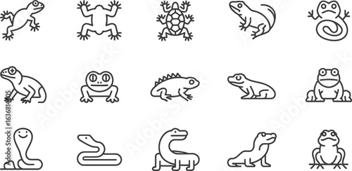 Collection of hand drawn reptile and amphibian icons in outline style