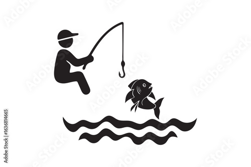 Fishing with fishhook hobbie icon silhouette on white background.