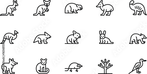 Collection of australian marsupial and native animal icons in a simple line art style
