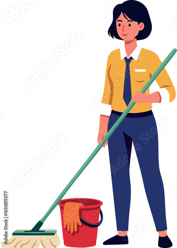 Woman cleaning floor with mop and bucket in yellow shirt and blue pants vector illustration 