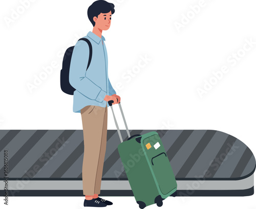 Young man traveler waiting with green suitcase at airport baggage claim area 