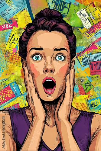 Surprise at an incredible discount reveals excitement in a comic-style artwork featuring a shocked expression Generative AI