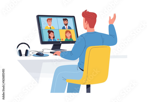 Man participating in an online video call meeting with colleagues, working remotely from home office, isolated on white background