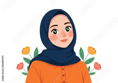 Portrait of a smiling woman wearing a blue hijab and orange shirt, with flowers, isolated on white background