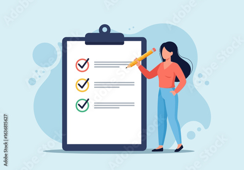 Woman with pencil checking off items on a clipboard checklist, symbolizing task completion, planning, and successful project management