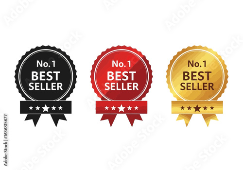 Set of three best seller badges in black, red and gold colors with ribbons and stars, isolated on white background