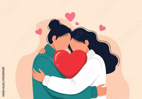 A loving couple embracing each other tightly while holding a red heart, symbolizing deep affection and romantic connection