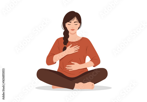 Young woman meditating with eyes closed and hands on chest and stomach, sitting in a lotus position isolated on white background