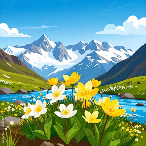 Alpine meadow flowers by a river