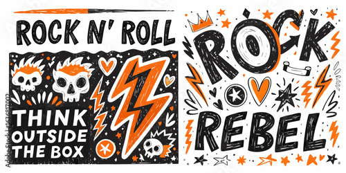 Bold rock and roll and rebel typography with skulls and lightning
