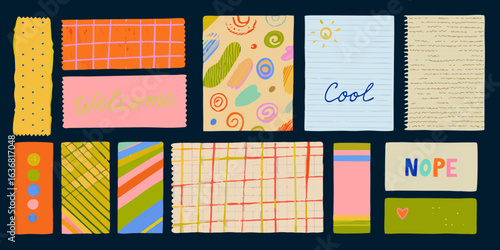 Colorful collage of hand drawn illustrated elements and text