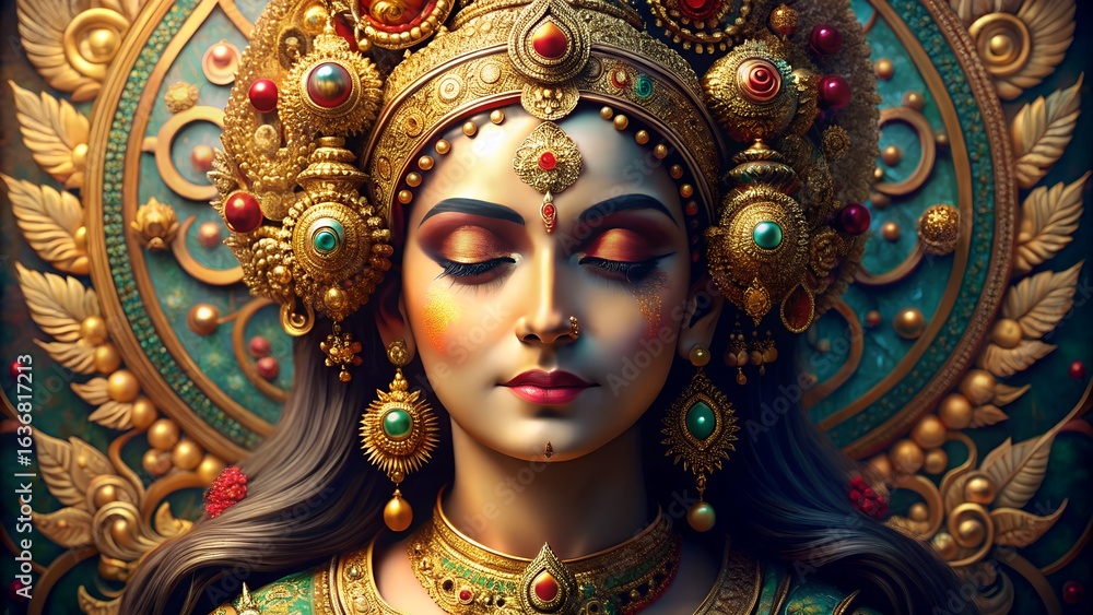 Serene indian goddess adorned in ornate gold jewelry and headdress Serene indian goddess adorned in ornate gold jewelry and headdress