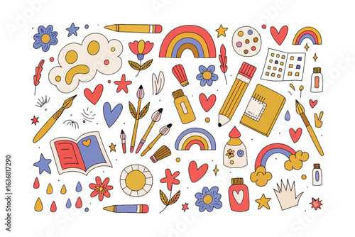 Colorful Art Supplies: A whimsical and charming collection of art supplies arranged with a touch of artistry. This curated array of artistic elements evokes a sense of creativity and delight.