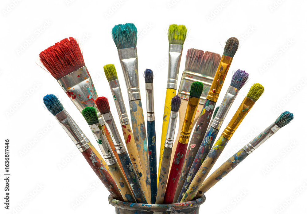 Fototapeta premium Collection of Used Artist Paint Brushes in a Jar on White Background
