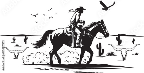 Western Cowboy on Horseback in Desert Landscape, Vector Illustration 21.eps