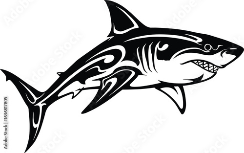 Tribal shark tattoo design, black and white marine predator illustration, stylized shark artwork, ocean animal vector drawing for decoration