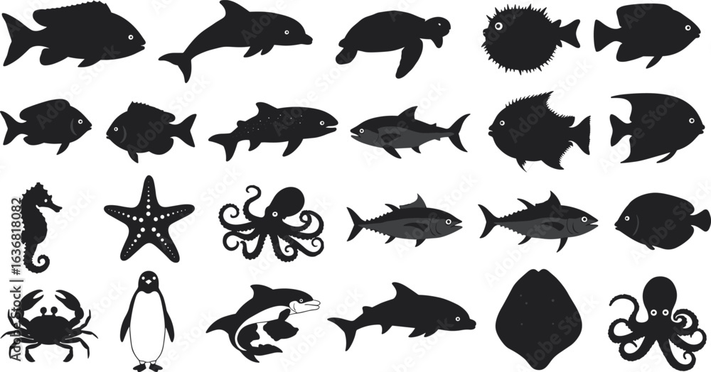 Naklejka premium Silhouette collection of various sea animals and fish including dolphin, turtle, octopus, seahorse, and crab, isolated black vector illustration for ocean design projects