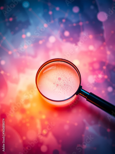 Technology and scientific breakthroughs and emerging trends. Imagining the future of Science and Technology. scientific discoveries change world. Magnifier on abstract color background
