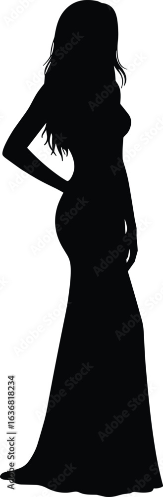 Fototapeta premium Elegant silhouette of woman in long evening gown standing in side pose, isolated black vector illustration for fashion and creative design projects
