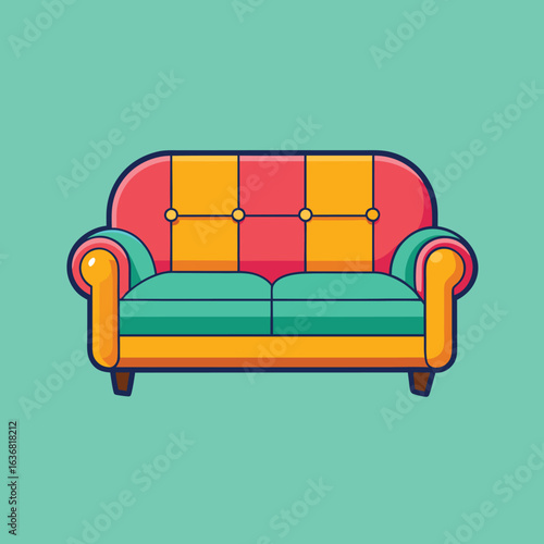 Cartoon illustration of a retro styled sofa with vibrant color scheme