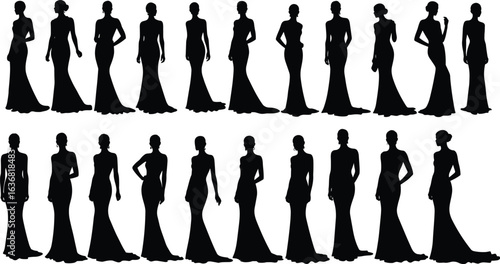 Elegant woman silhouette collection, long evening gown fashion poses, formal dress outline, stylish female figure template, vector fashion illustration