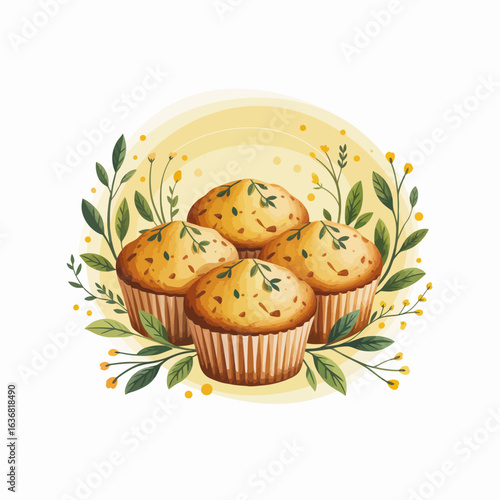 Delicious homemade muffins decorated with herbs and surrounded by floral elements a charming watercolor style illustration bakery goods fresh pastries