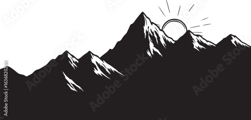 Mountain range with rising sun in silhouette image white backgrpound.