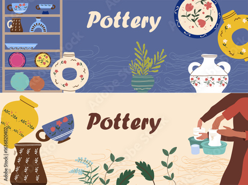 Horizontal banner. Pottery, workshop. Hand drawn illustration.