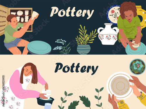 Horizontal banner. Pottery, workshop. Hand drawn illustration.