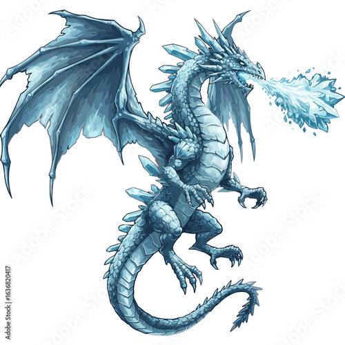 Illustration of a crystal dragon breathing ice with large wings and a long tail on a white background on transparent background