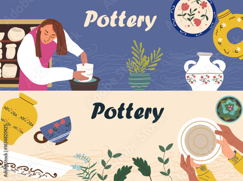 Horizontal banner. Pottery, workshop. Hand drawn illustration.