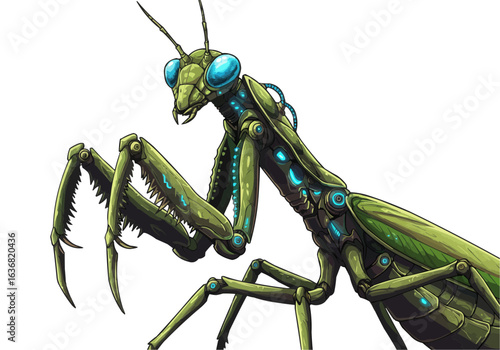 Illustration of a robotic praying mantis with green and blue color scheme on a white background on transparent background