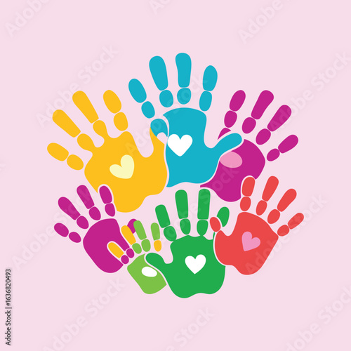 Colorful handprints in a circle symbolizing community, diversity, and togetherness, on pink background