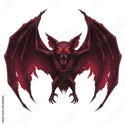 Illustration of a menacing red bat with large wings and glowing eyes in a frontal pose view on white on transparent background