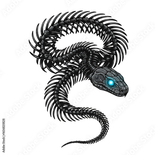 Illustration of a skeletal snake with glowing blue eyes coiled against a white background space provided on transparent background
