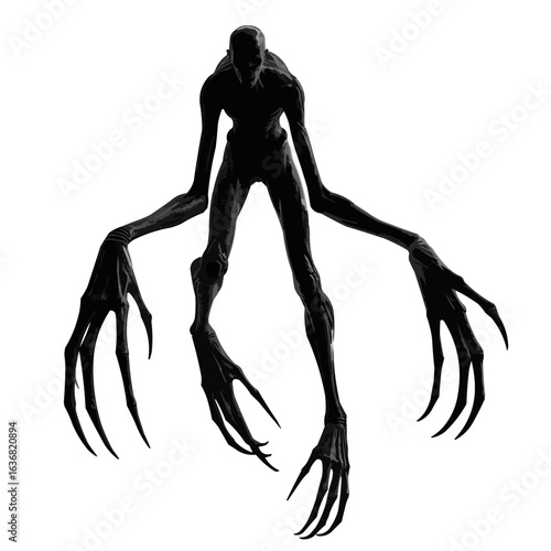 Dark silhouette of a tall slender creature with long limbs and sharp claws standing upright alone on transparent background