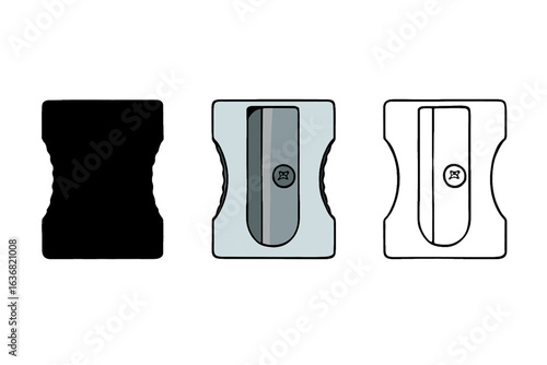 Pencil Sharpener Vector Set – Silhouette, Colorful, and Outline Versions – Stationery and School Supply Illustration on White Background