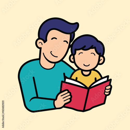 Dad and son happily read a book together, fostering family bonding