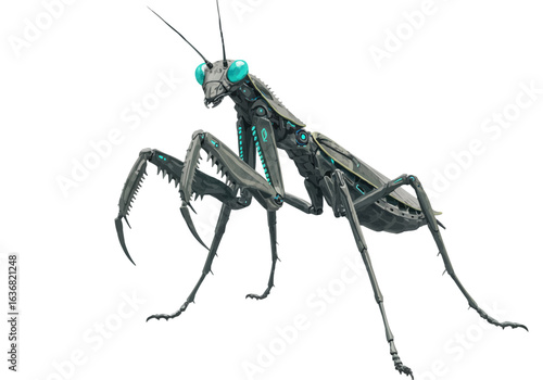 Illustration of a robotic praying mantis with intricate details and a futuristic design standing upright on transparent background