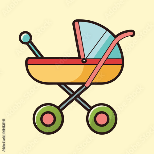Stylized baby carriage with light blue accents on a neutral background