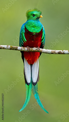 A vibrantly-colored resplendent quetzal bird perched on a thin branch