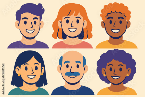 Multiethnic people are represented through a set of square portraits, showcasing diverse characters with various faces, including both female and male avatars in an illustrative format