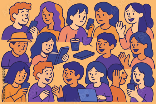 A set of color line vector icons depicting people utilizing smartphones in diverse situations and adults with smartphones in everyday life characters collection