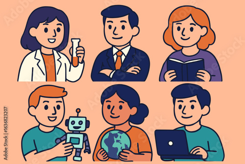 Flat vector illustration of elementary pupils and kids learning various school subjects including math, science, art, and chemistry, isolated on a white background