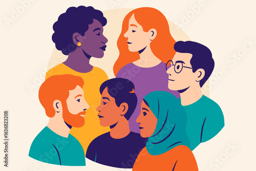 Collection of diverse avatar portraits featuring smiling men and women, including various male and female characters in a colorful and flat cartoon vector illustration style