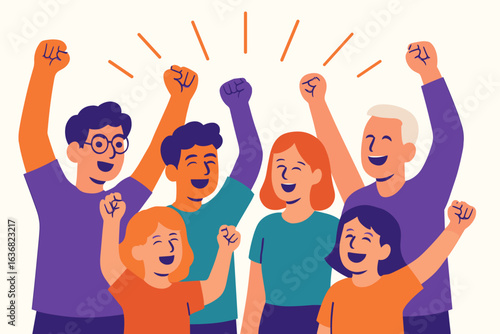 Joyful youngsters are standing together, holding hands in unison