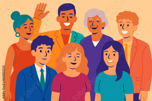 A diverse group of happy people from multiple ethnicities stand together